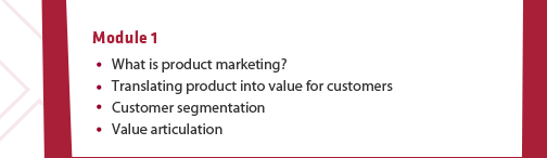Module 1: (1) What is product marketing? (2) Translating product into value for customers (3) Customer segmentation (4) Value articulation